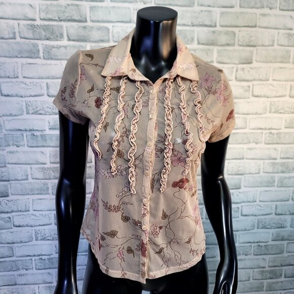 Vintage 90s Y2K The Limited‎ Sheer Tan Pink Floral Ruffle Pintucked Button Front - Picture 1 of 9